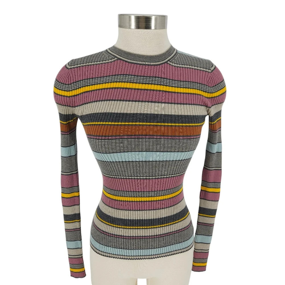 Theory Sweater Wool Dusty Pink Striped Crewneck Long Sleeve Knit Pullover